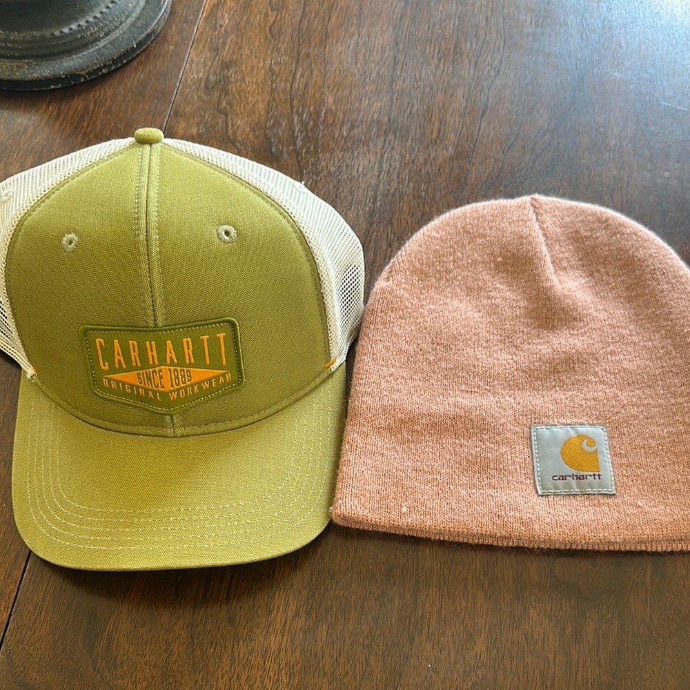 ➰Carhartt Olive and Pink Hat Set. Beanie and ball cap